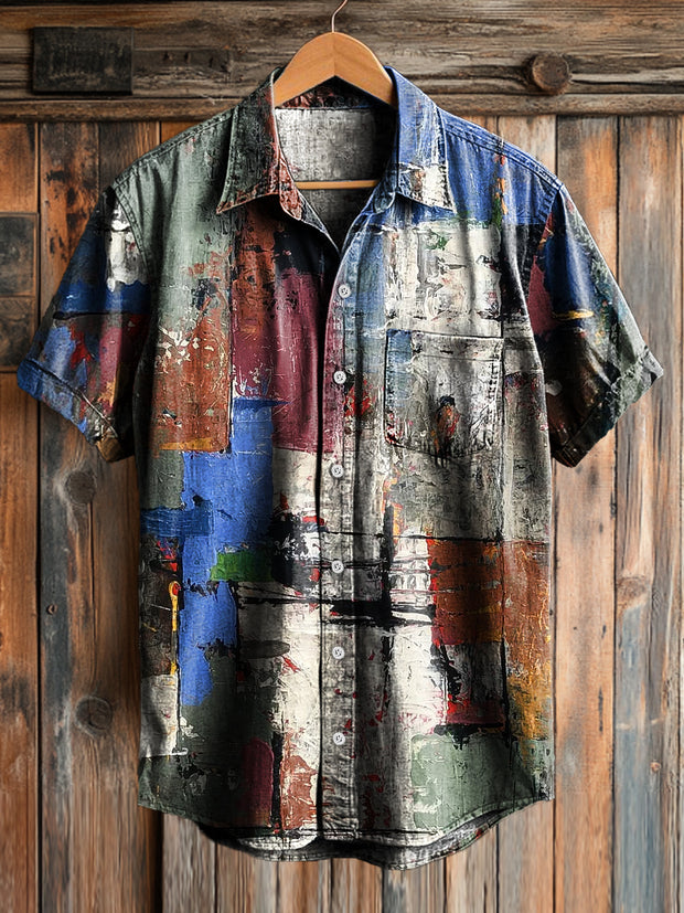 Men's Vintage Abstract Colorful Art Print Short Sleeve Pocket Shirt
