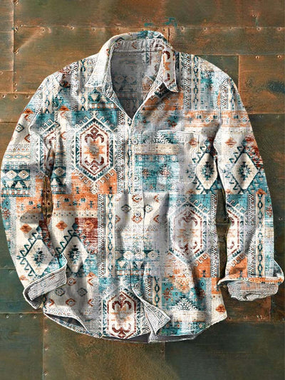 Men's Retro Ethnic Printed Casual Lapel Long Sleeve Shirt