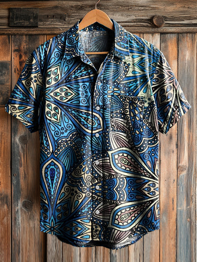 Men's Vintage Floral Art Print Short Sleeve Pocket Shirt