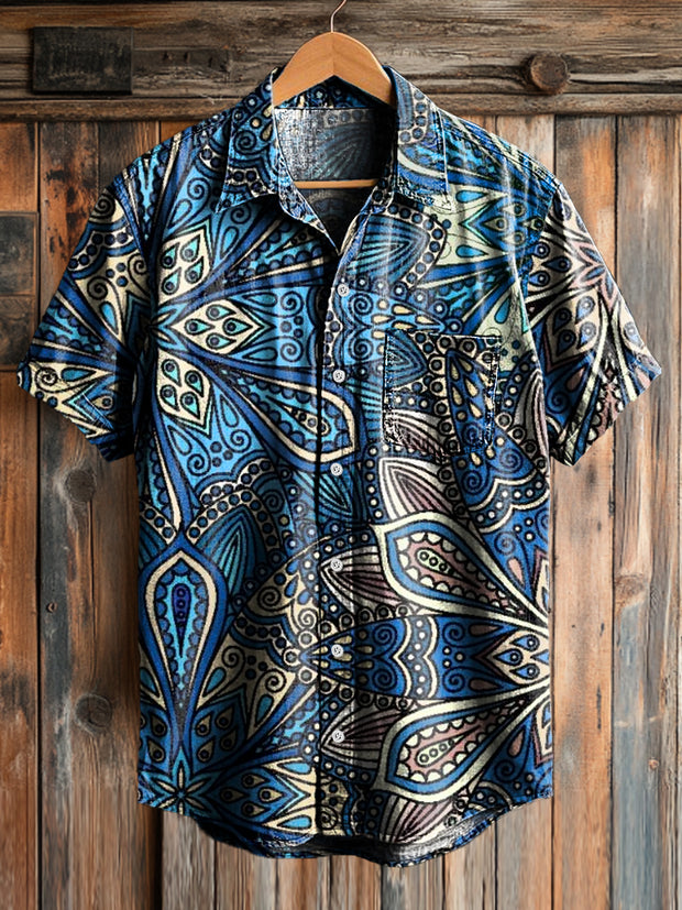 Men's Vintage Floral Art Print Short Sleeve Pocket Shirt