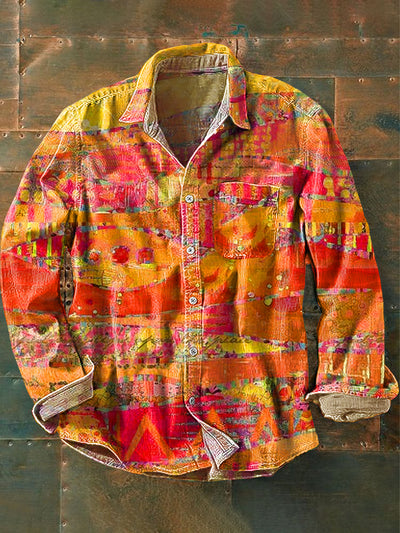 Men's Vintage Abstract Line Art Print Long Sleeve Pocket Shirt