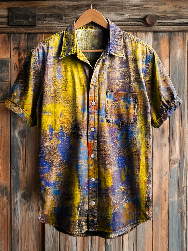 Men's Vintage Abstract Swoosh Art Print Short Sleeve Pocket Shirt