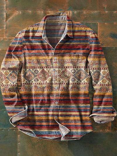 Men's Retro Ethnic Printed Casual Lapel Long Sleeve Shirt