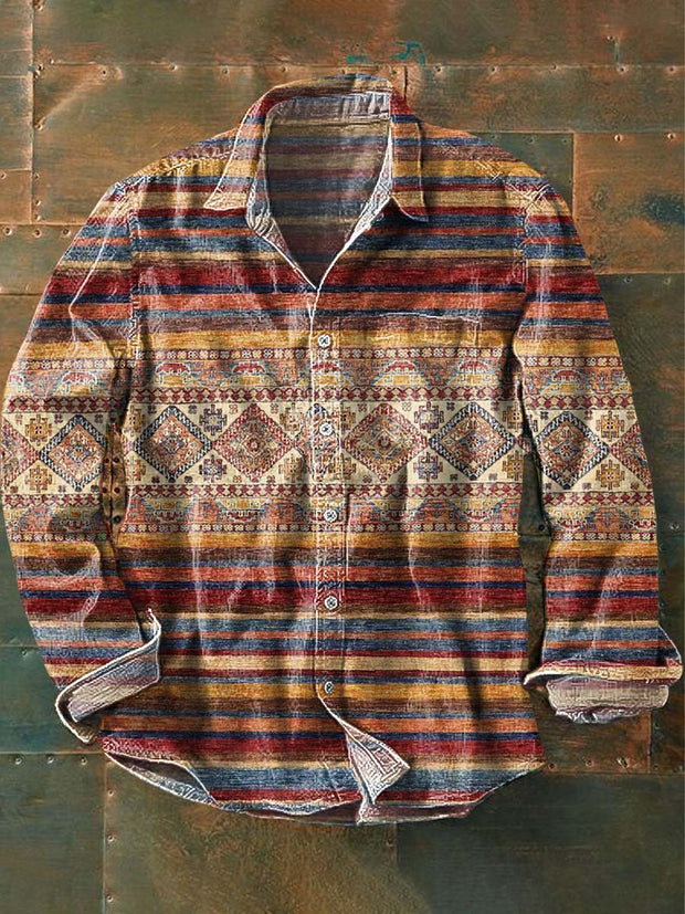 Men's Retro Ethnic Printed Casual Lapel Long Sleeve Shirt