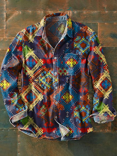 Men's Vintage Abstract Line Geometric Art Print Long Sleeve Pocket Shirt