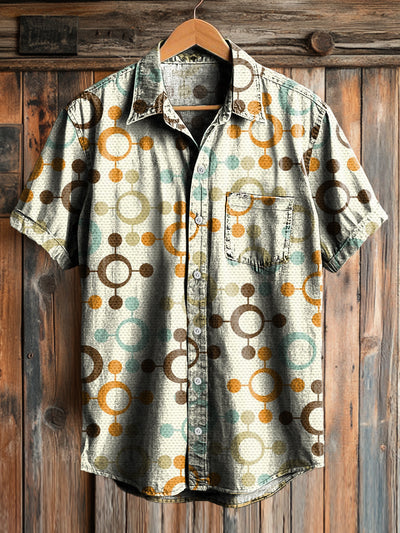 Men's Vintage Circle Art Print Short Sleeve Pocket Shirt