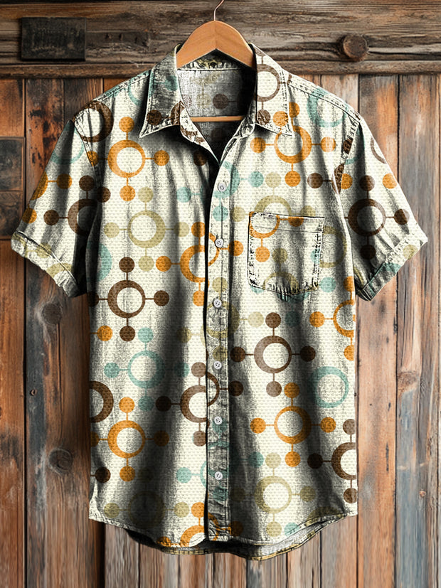 Men's Vintage Circle Art Print Short Sleeve Pocket Shirt