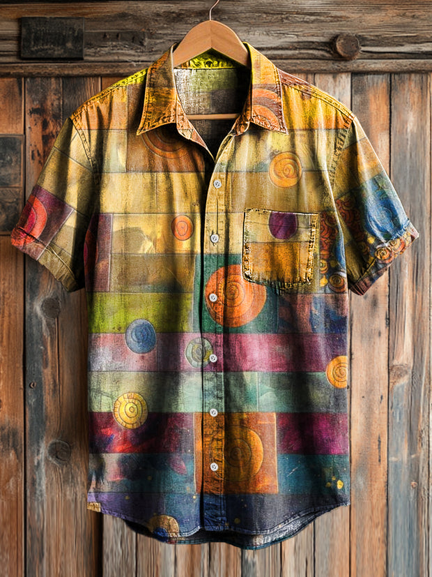 Men's Vintage Geometric Color Painting Art Print Short Sleeve Pocket Shirt