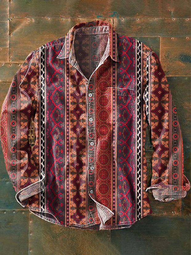 Men's Retro Ethnic Printed Casual Lapel Long Sleeve Shirt