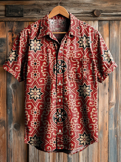 Men's Vintage Line Floral Art Print Short Sleeve Pocket Shirt
