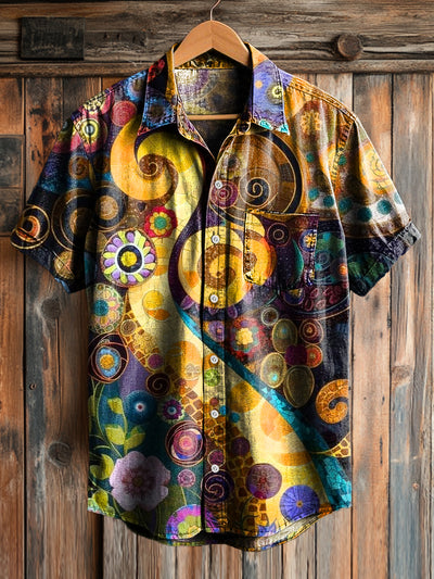 Men's Vintage Colorful Abstract Art Print Short Sleeve Pocket Shirt