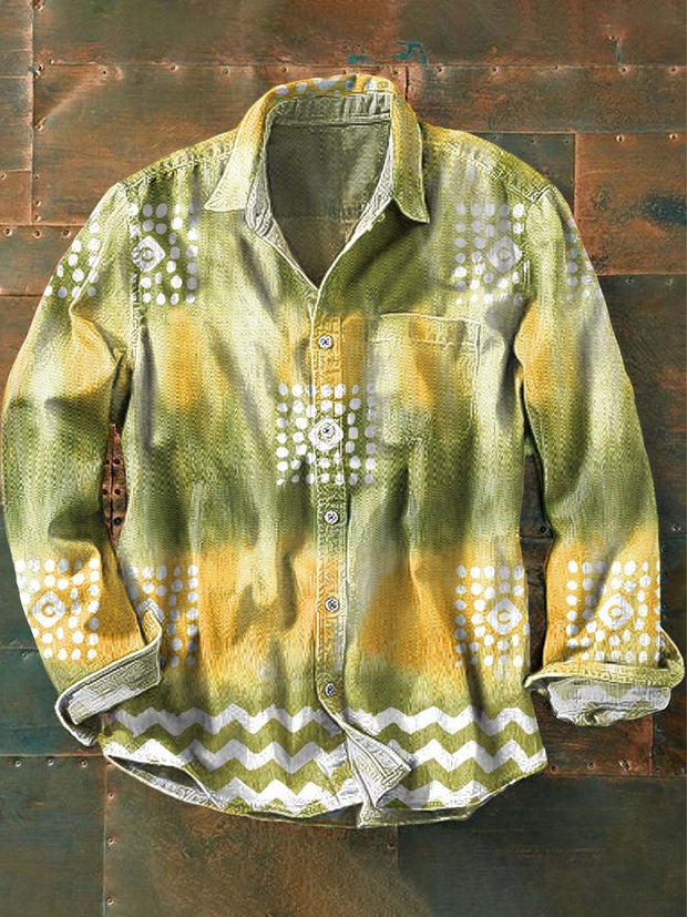 Men's Retro Ethnic Printed Casual Lapel Long Sleeve Shirt