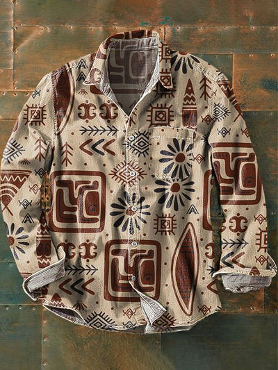 Men's Vintage Ethnic Art Print Long Sleeve Pocket Shirt