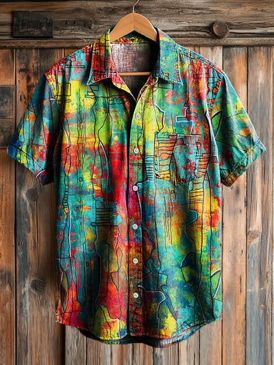 Men's Vintage Swoosh Line Art Print Short Sleeve Pocket Shirt