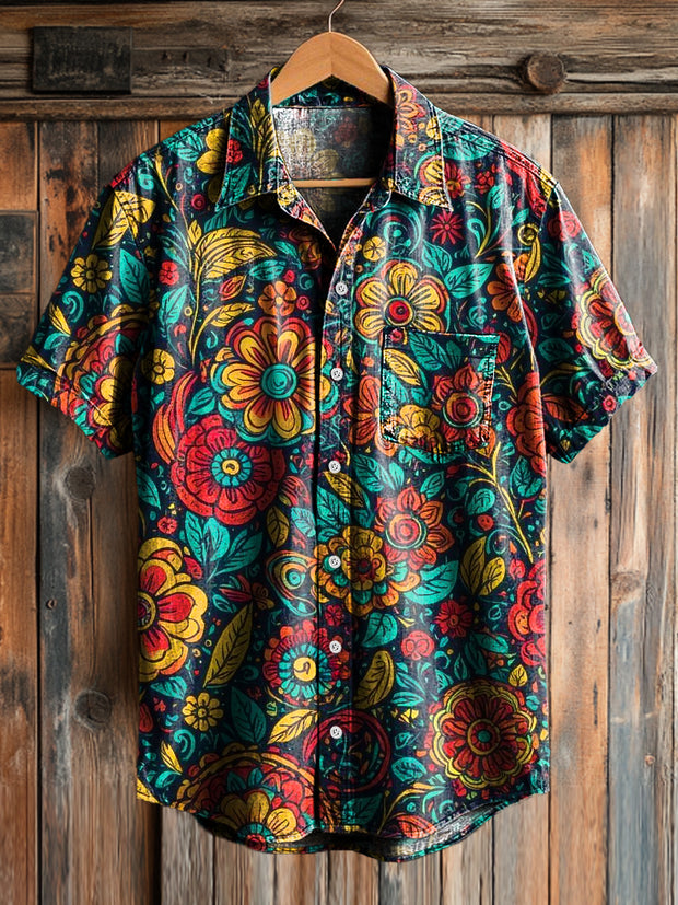 Men's Vintage Colorful Floral Art Print Short Sleeve Pocket Shirt