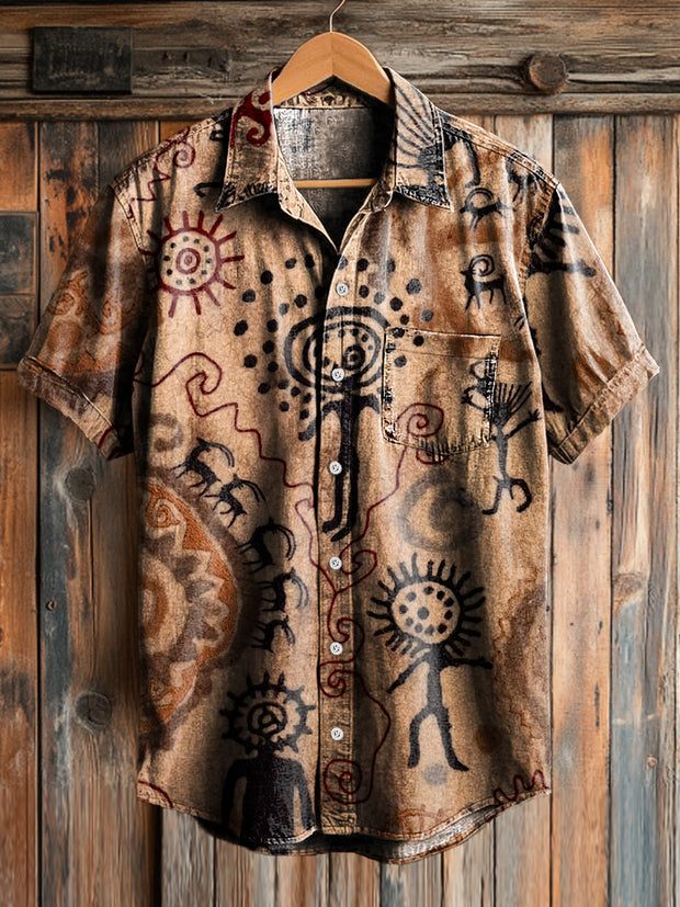Men's Vintage Tribal Graffiti Art Print Short Sleeve Pocket Shirt