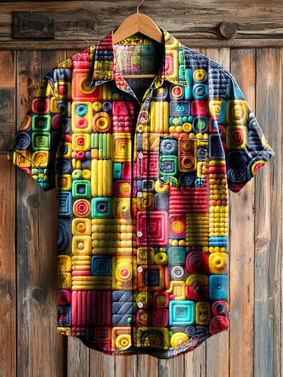 Men's Vintage Colorful Geometric Art Print Short Sleeve Pocket Shirt