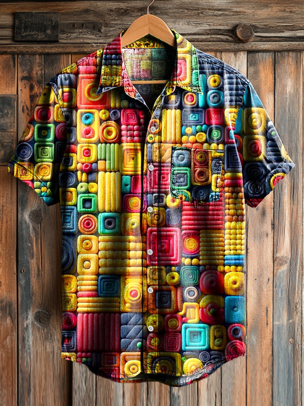 Men's Vintage Colorful Geometric Art Print Short Sleeve Pocket Shirt