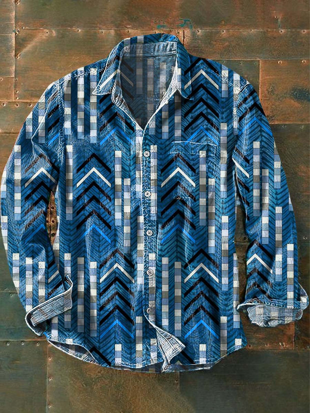 Men's Retro Geometric Print Casual Lapel Long Sleeve Shirt