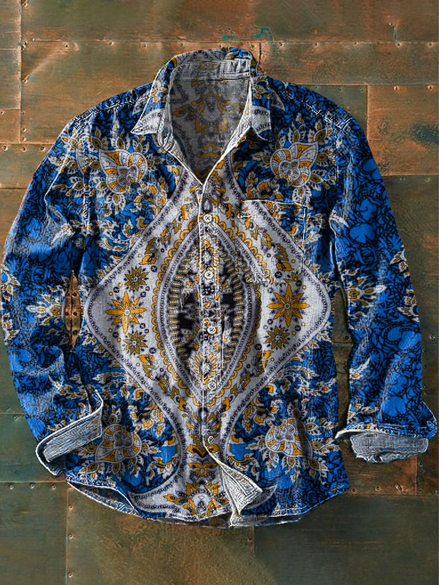 Men's Vintage Ethnic Totem Art Print Long Sleeve Pocket Shirt