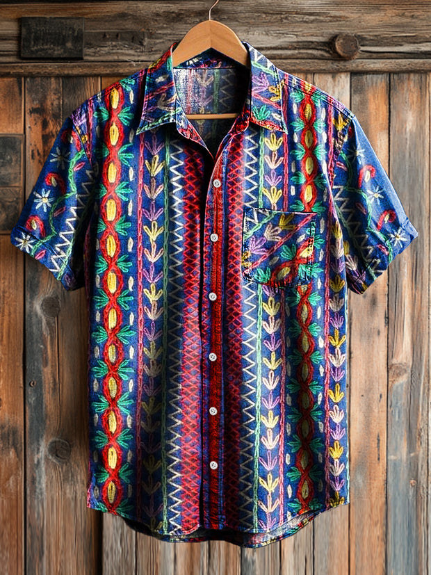 Men's Vintage Floral Stripe Art Print Short Sleeve Pocket Shirt