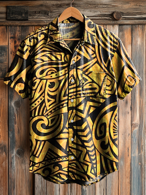Men's Vintage Irregular Line Art Print Short Sleeve Pocket Shirt