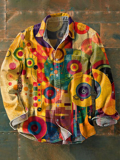 Men's Vintage Geometric Color Abstract Art Print Long Sleeve Pocket Shirt