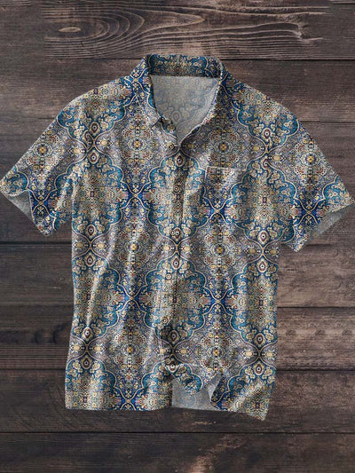 Men's Retro Floral Print Casual Lapel Short Sleeve Shirt