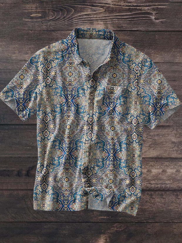 Men's Retro Floral Print Casual Lapel Short Sleeve Shirt