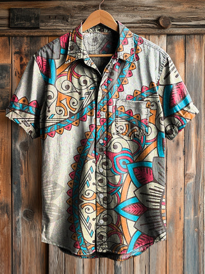Men's Vintage Irregular Mandala Art Print Short Sleeve Pocket Shirt
