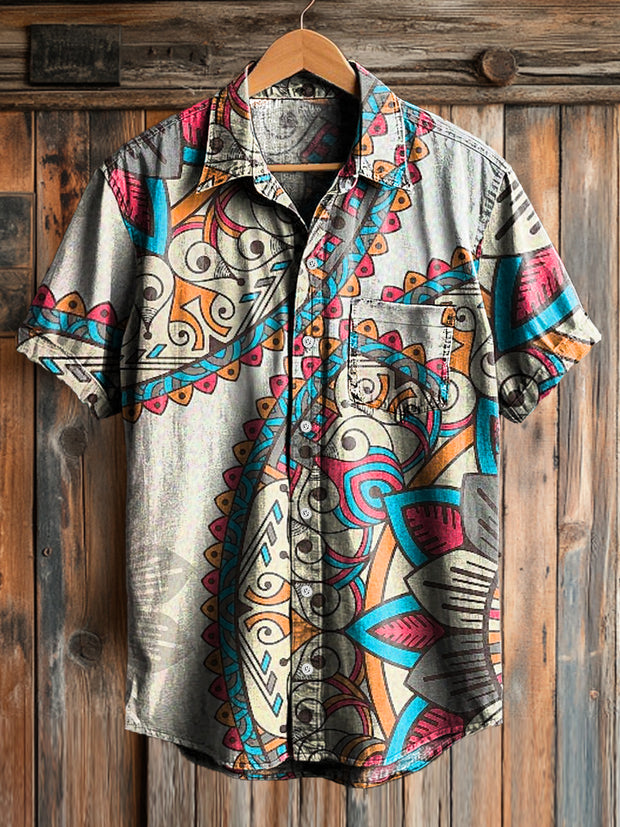 Men's Vintage Irregular Mandala Art Print Short Sleeve Pocket Shirt