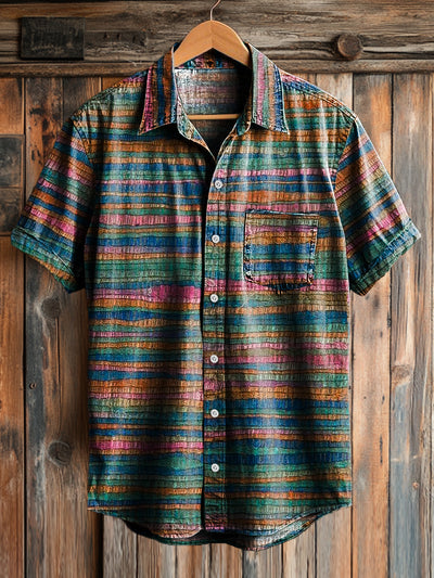 Men's Vintage Multicolor Striped Art Print Short Sleeve Pocket Shirt