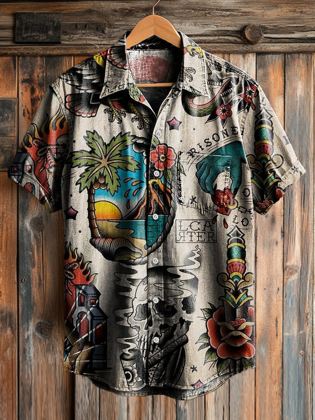 Men's Vintage Skull Eagle Poppy Art Print Short Sleeve Pocket Shirt