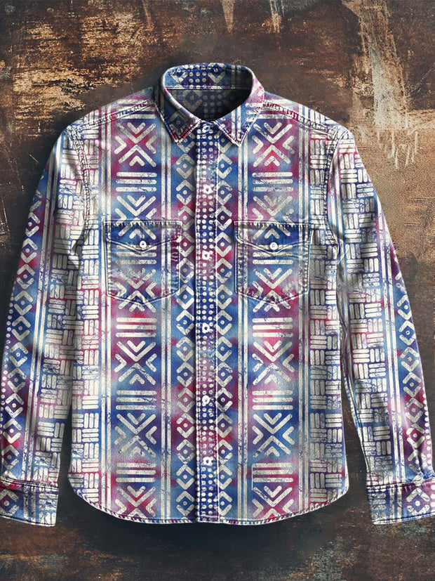 Men's Western Style Printed Casual Lapel Long Sleeve Shirt