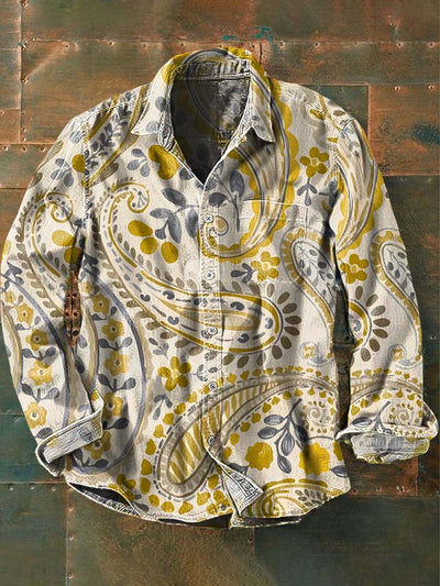 Men's Retro Floral Print Casual Lapel Long Sleeve Shirt
