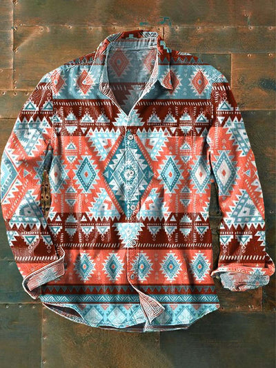 Men's Vintage Western Pattern Print Casual Lapel Long Sleeve Shirt