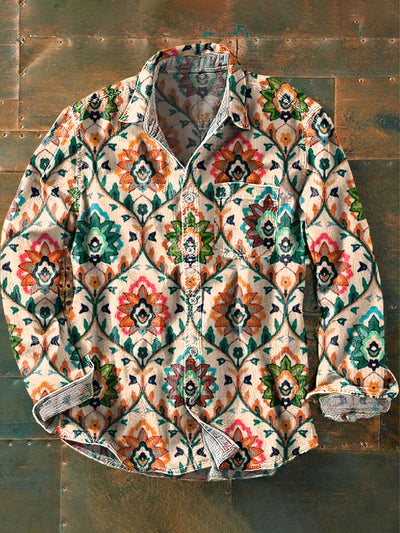 Men's Vintage Ethnic Line Floral Art Print Long Sleeve Pocket Shirt