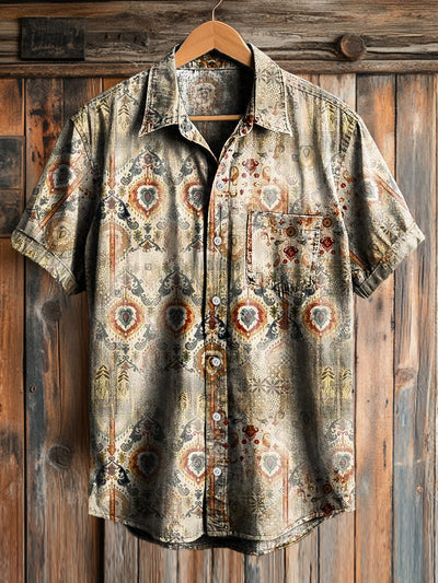 Men's Vintage Ethnic Geometric Art Print Short Sleeve Pocket Shirt