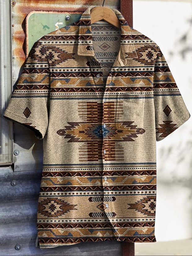 Men's Vintage Western Style Pattern Print Short Sleeve Shirt