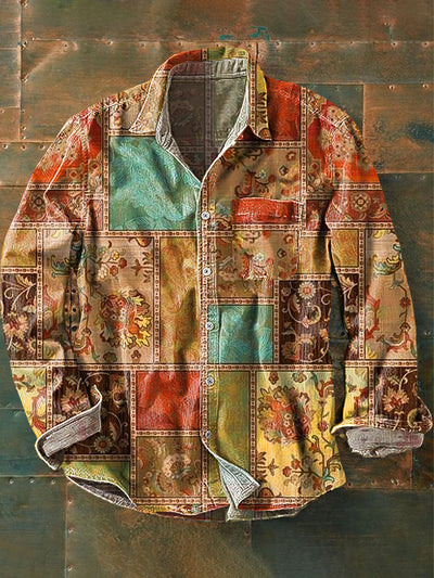 Men's Vintage Ethnic Plaid Floral Art Print Long Sleeve Pocket Shirt