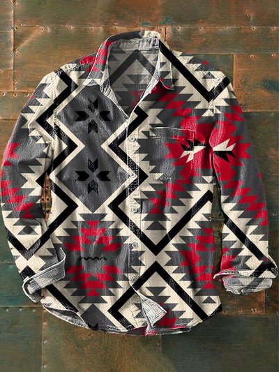 Men's Vintage Western Pattern Print Casual Lapel Long Sleeve Shirt