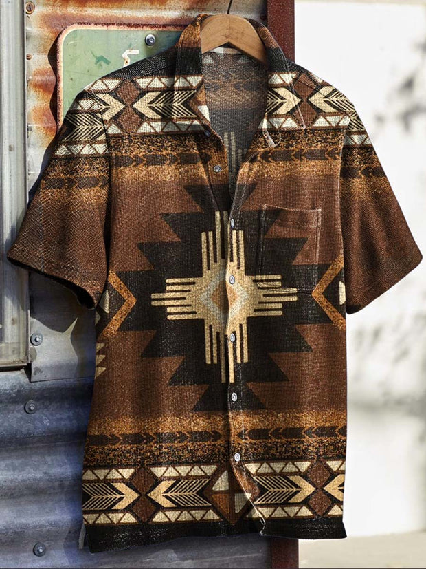 Men's Vintage Western Style Pattern Print Short Sleeve Shirt