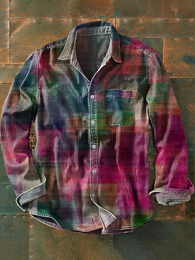 Men's Vintage Abstract Gradient Plaid Art Print Long Sleeve Pocket Shirt