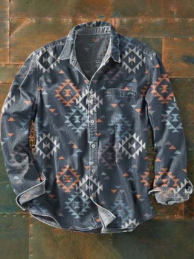 Men's Vintage Western Pattern Print Casual Lapel Long Sleeve Shirt