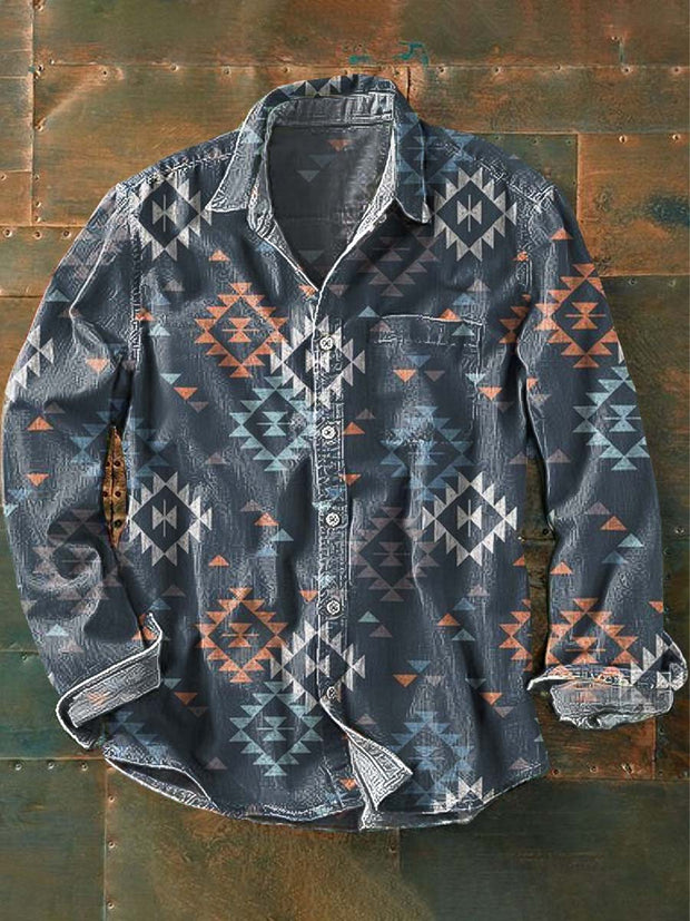 Men's Vintage Western Pattern Print Casual Lapel Long Sleeve Shirt