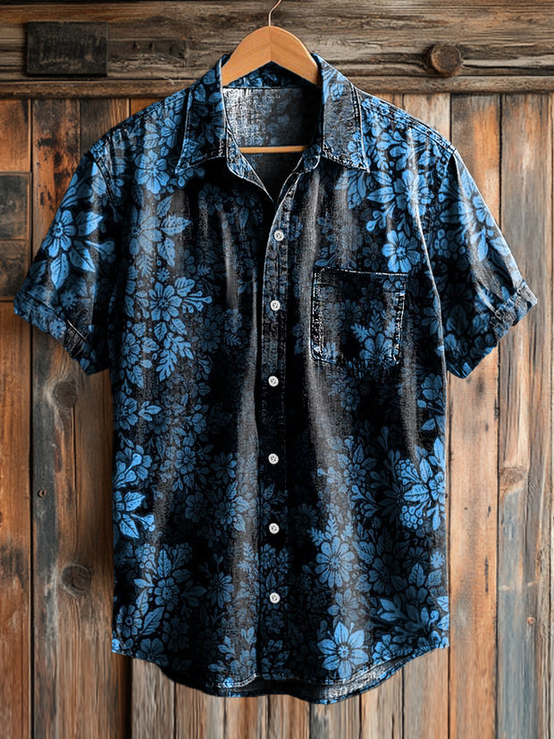 Men's Vintage Gradient Floral Art Print Short Sleeve Pocket Shirt