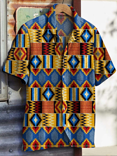 Mens Vintage Geometric Print Short Sleeve Shirt
