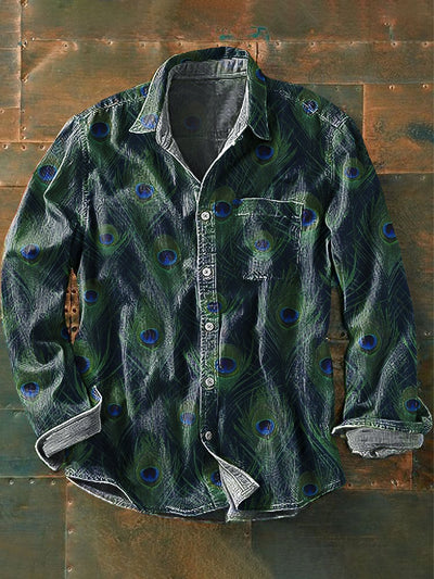 Men's Vintage Abstract Peacock Feather Art Print Long Sleeve Pocket Shirt