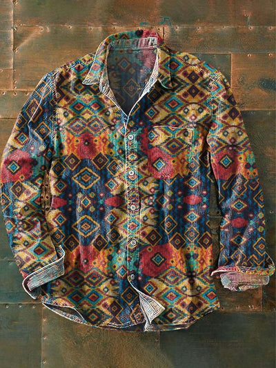 Men's Vintage Western Pattern Print Casual Lapel Long Sleeve Shirt