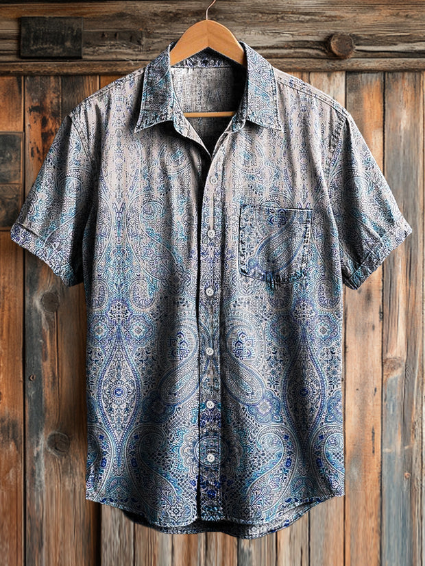 Men's Vintage Gradient Paisley Art Print Short Sleeve Pocket Shirt
